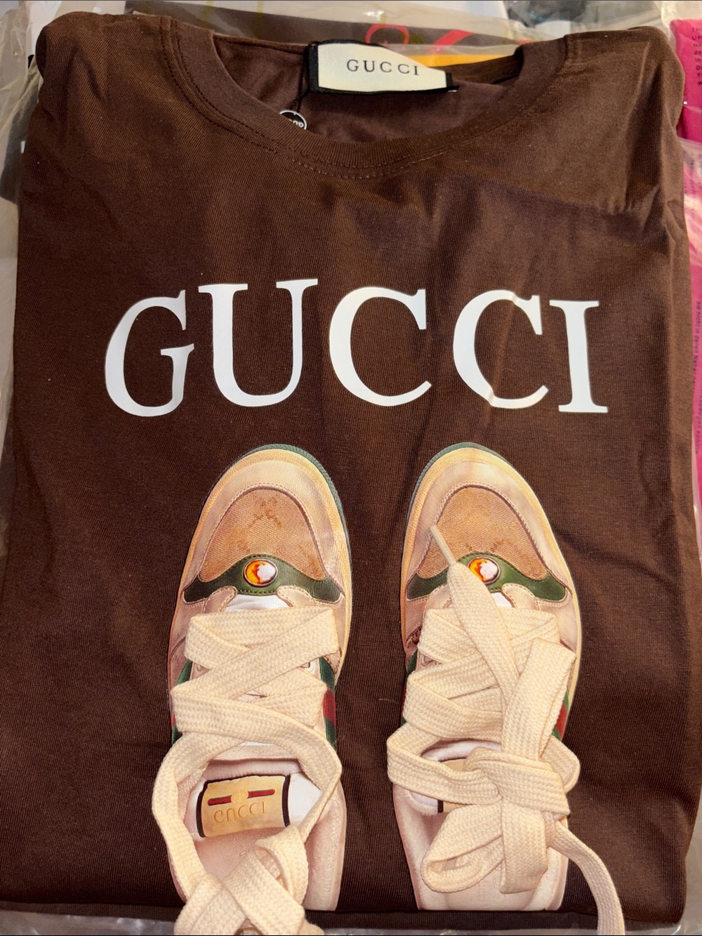 Gucci Short Sleeve Brown Tee with Sneaker Graphic